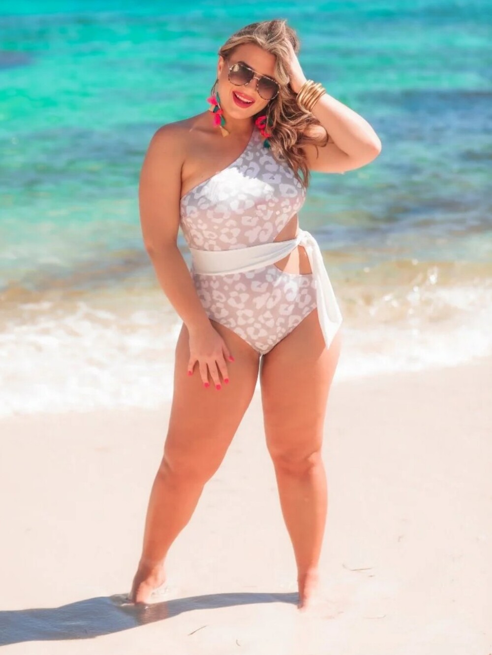 JESS LEA Sandy Kisses Monokini Swimsuit One Shoulder Neutral Leopard Print 3X